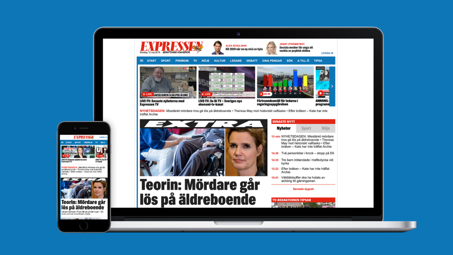 En smartphone och laptop som visar Expressens hemsida.